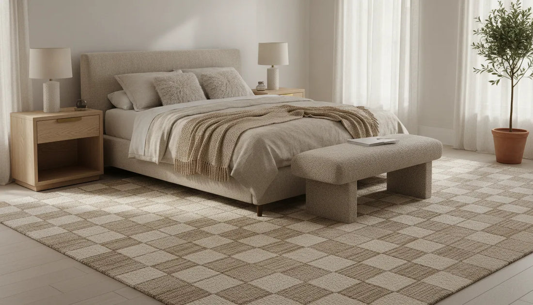 Contemporary wool rugs in a quiet neutral bedroom