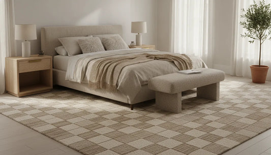Contemporary wool rugs in a quiet neutral bedroom