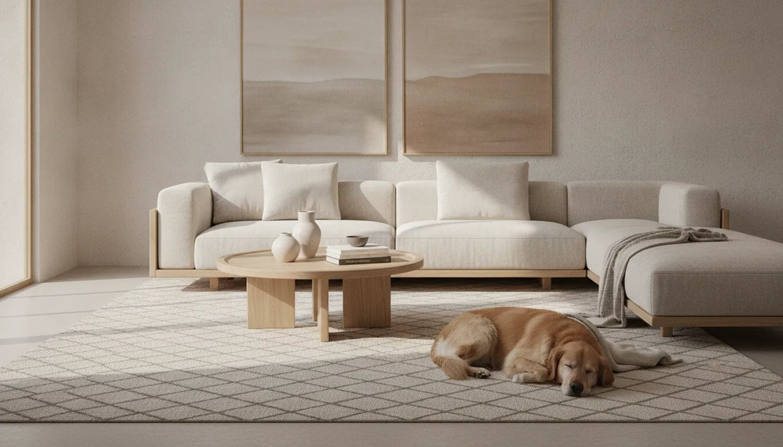 Dog friendly rug in a stylish neutral living room