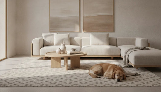 Dog friendly rug in a stylish neutral living room