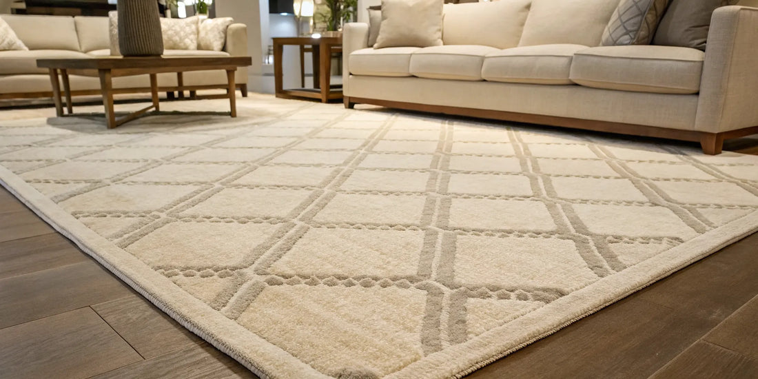 Luxury wool area rug with a geometric pattern in a modern living room.