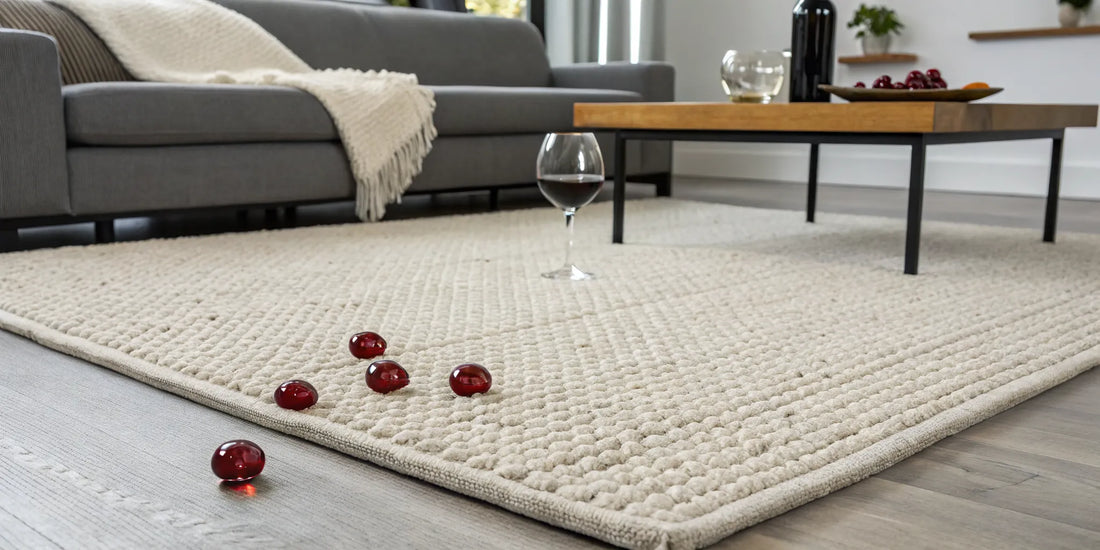 A spill resistant area rug repelling red beads from a wine glass in a living room.