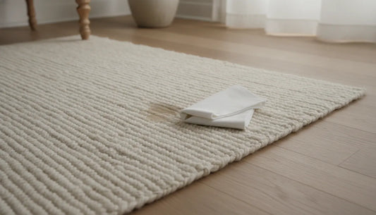 Clean white cloth blotting a neutral wool rug