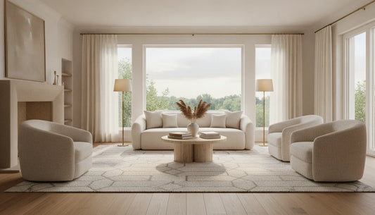 Neutral living room with an area rug placed beneath the seating