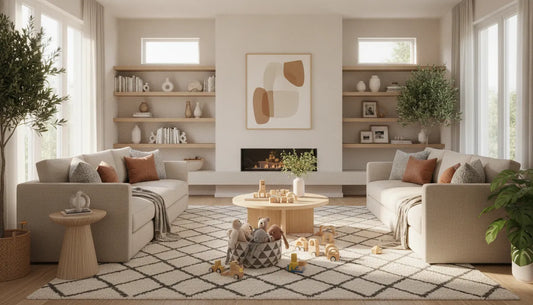 Kid friendly rug in a grown-up family room