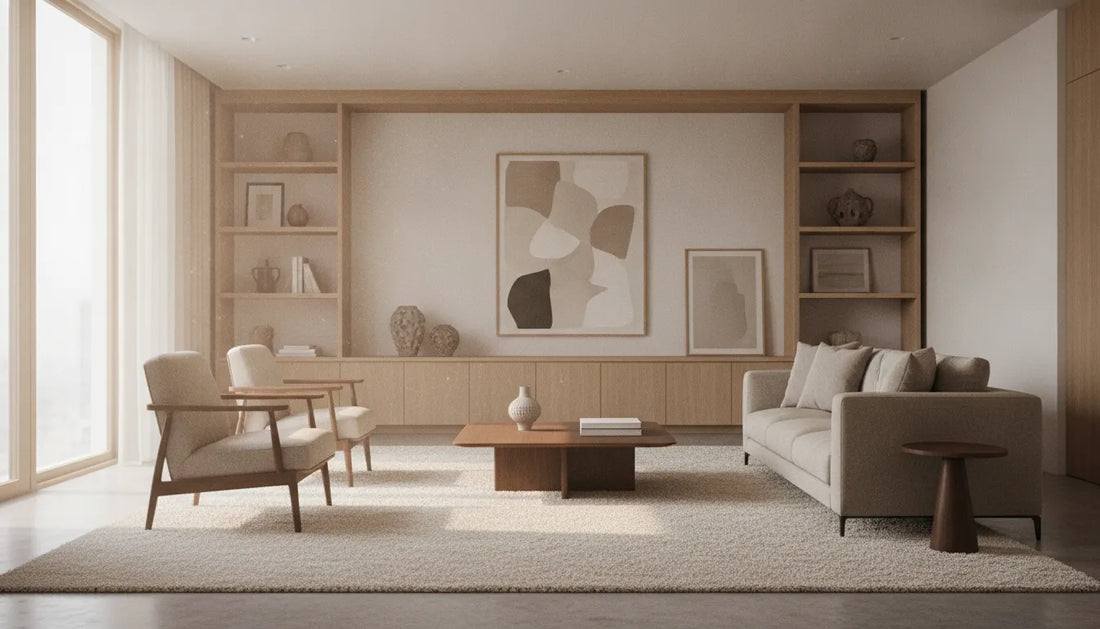 Modern wool rugs in a neutral quiet luxury room