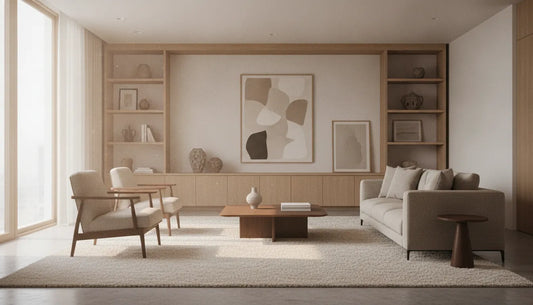 Modern wool rugs in a neutral quiet luxury room