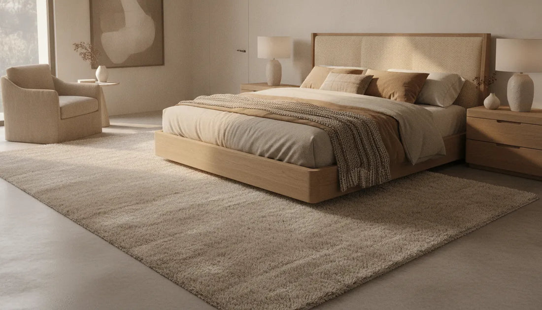 Neutral wool rug in a warm, quiet bedroom