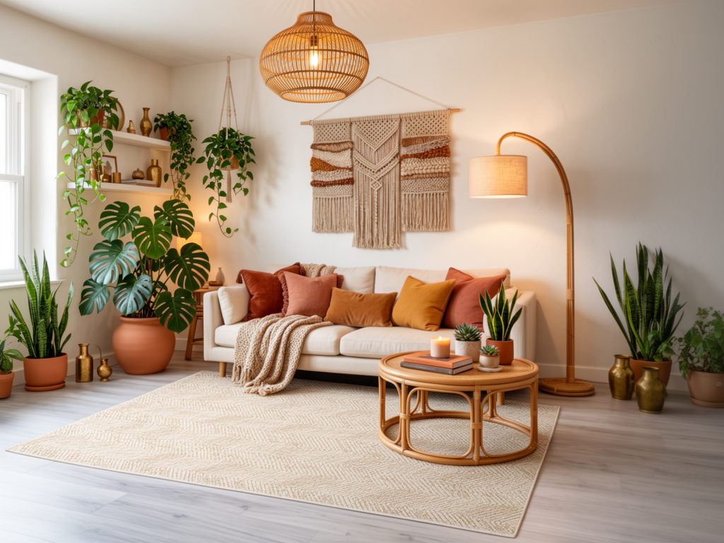 Groundstory Elementa Parquet area rug in Almond in a boho living room - best area rug 2026 - neutral spill resistant area rug under rattan coffee table with plants and warm decor