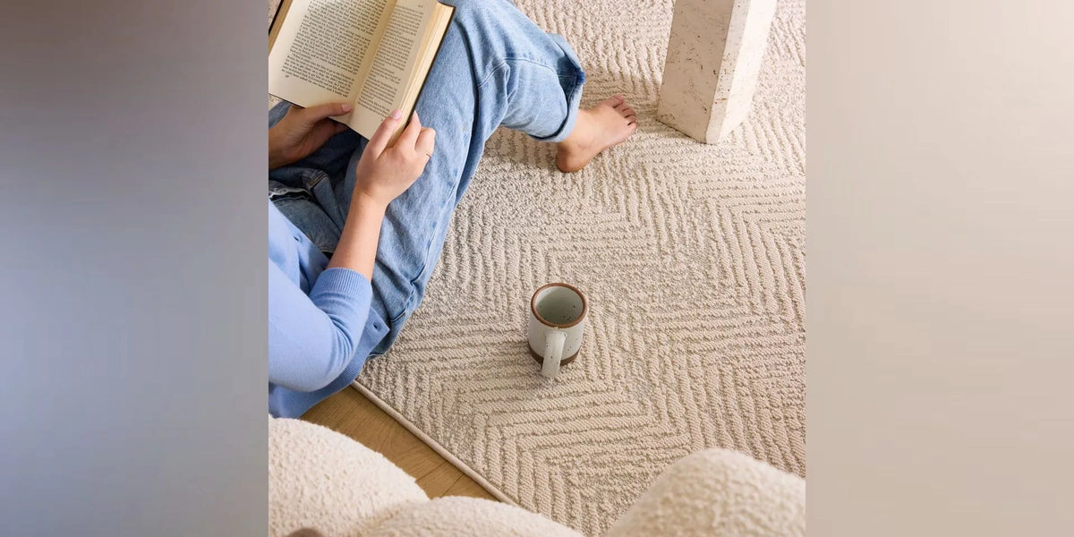 A contemporary condo living room with a rug anchoring the seating area