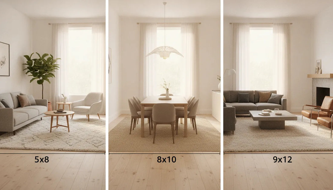 What are standard rug sizes shown in a neutral living room