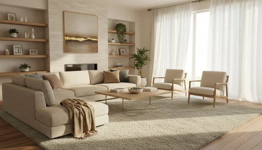 Neutral performance area rug in a refined modern living room