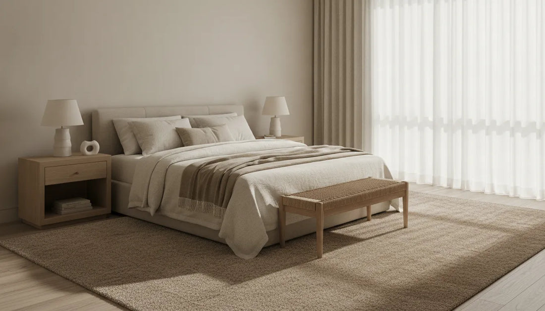 Neutral queen bedroom with a perfectly sized area rug