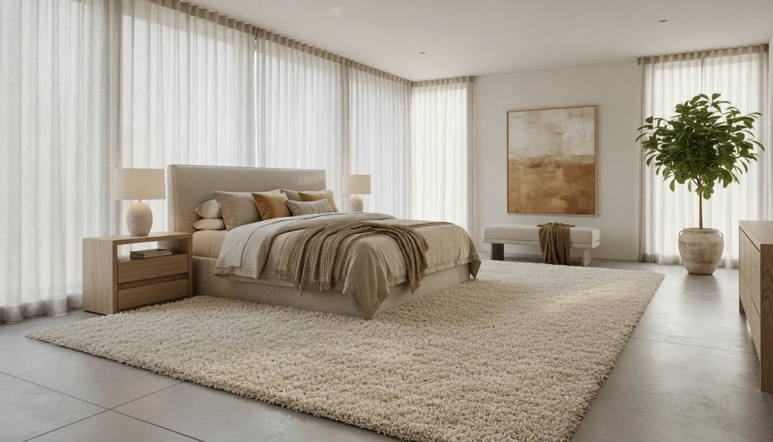 Neutral wool blend area rug in a refined bedroom
